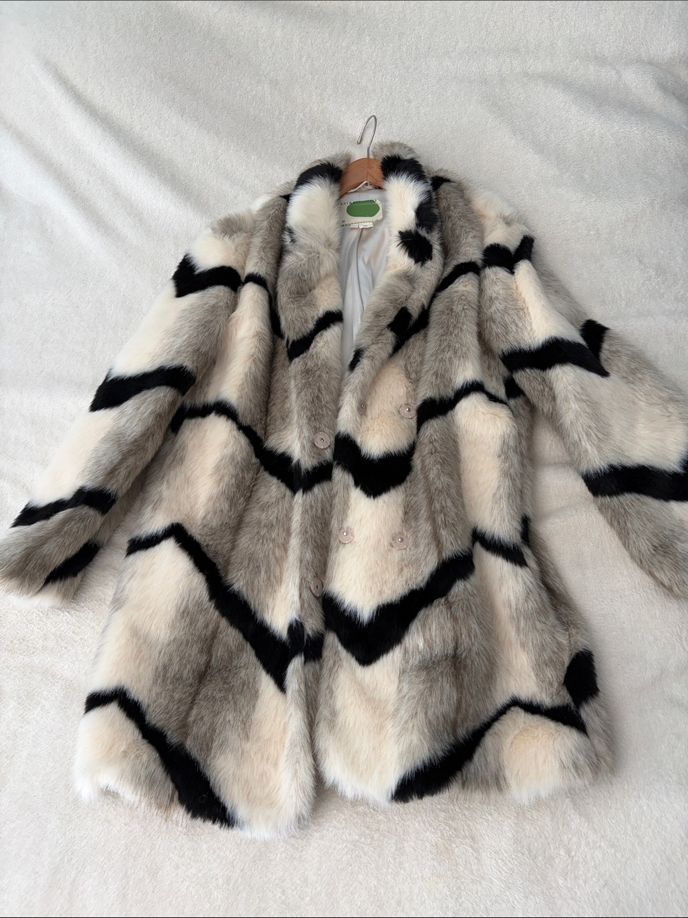 Anthropologie Chevron Faux Fur Coat in Cream, Gray & Black
